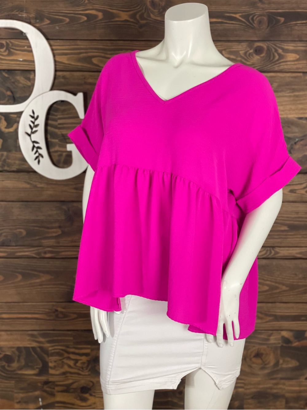 Entro | Babydoll Bright Neon Hot Pink V-Neck Ruffle Peplum Top Rolled Cuff‎